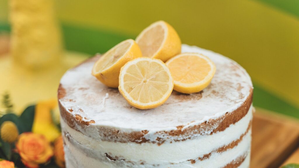 Positano christening theme cake with lemons on top